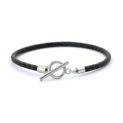Braided Leather Bracelet with Toggle Clasp, Stainless Steel