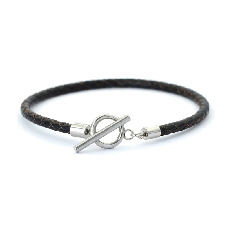 Braided Leather Bracelet with Toggle Clasp, Stainless Steel