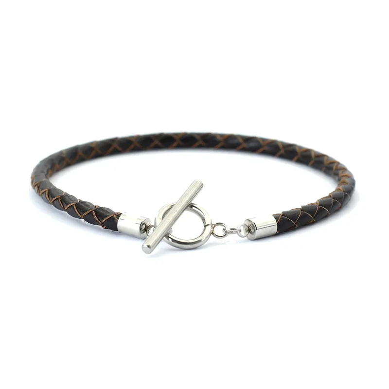 Braided Leather Bracelet with Toggle Clasp, Stainless Steel