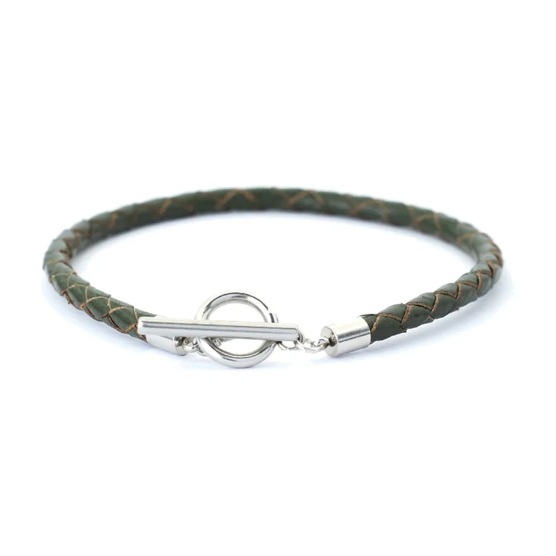 Braided Leather Bracelet with Toggle Clasp, 316L Stainless Steel