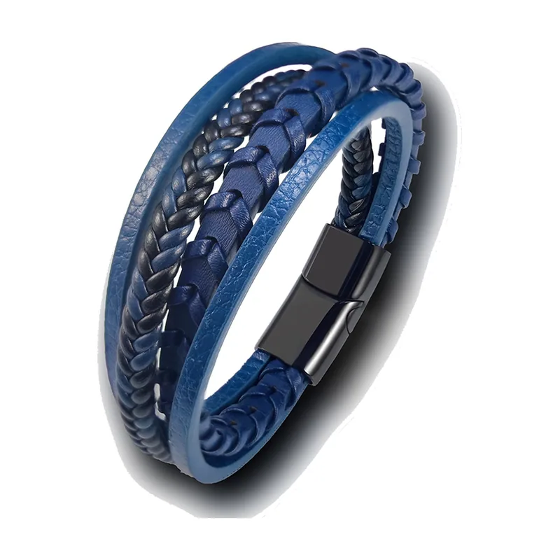 Bracelet Wrap en Cuir Bleu Tressé et Acier Inoxydable