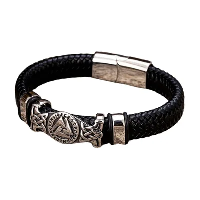 Braided Leather Bracelet with Valknut and Celtic Knots, Stainless Steel