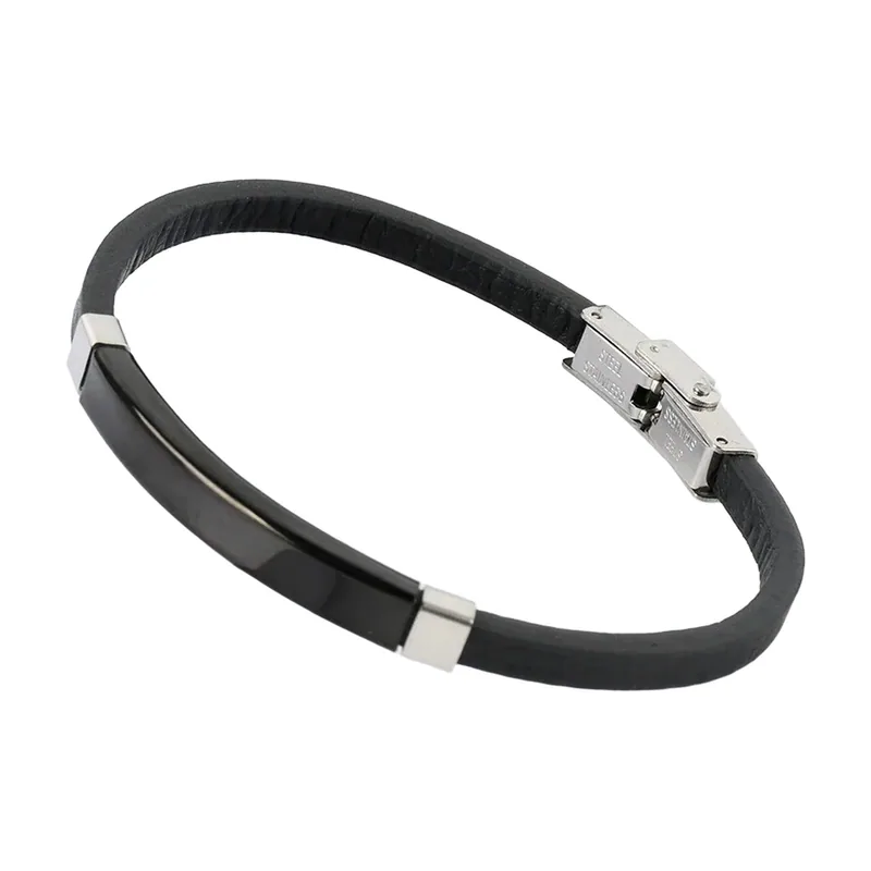 Bracelet en cuir tressé avec plaque en acier inoxydable poli