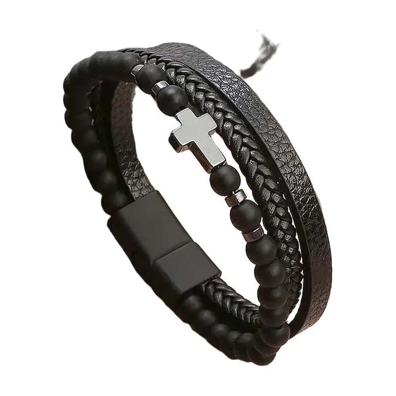 Ensemble de Bracelets en Cuir et Perles avec Croix, Acier Inoxydable