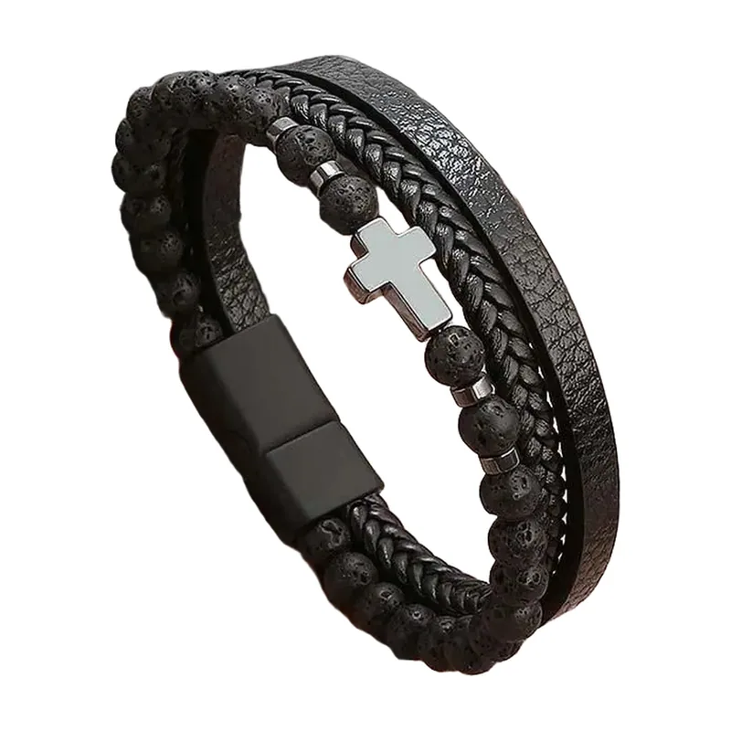 Bracelet en cuir tressé et pierre de lave avec croix, acier inoxydable