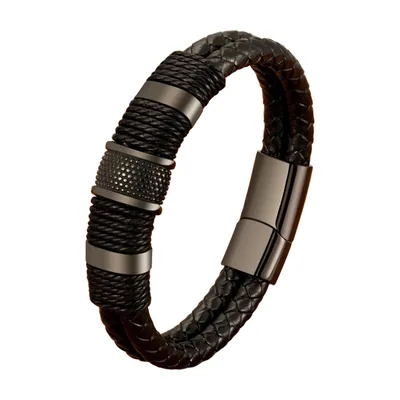 Braided Leather Wrap Bracelet with Magnetic Clasp, Stainless Steel