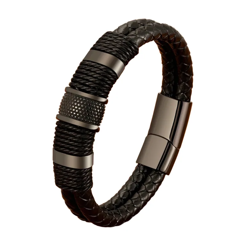 Braided Leather Wrap Bracelet with Magnetic Clasp, Stainless Steel