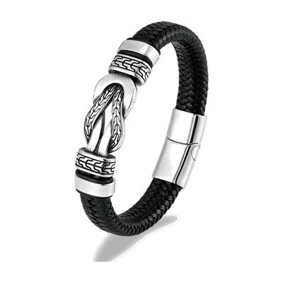 Braided Leather Bracelet with Infinity Symbol, Stainless Steel