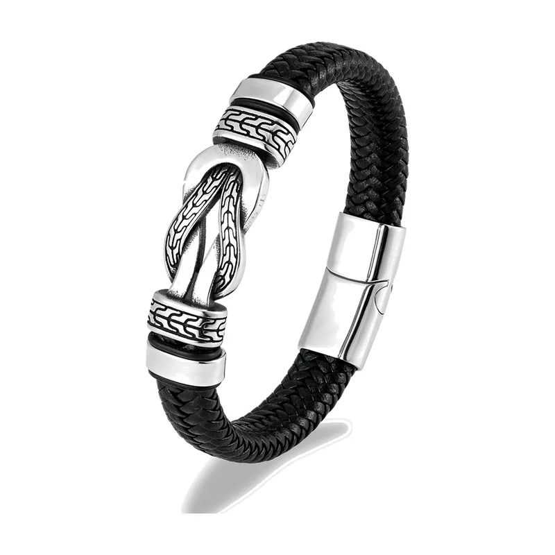 Braided Leather Bracelet with Infinity Symbol, Stainless Steel
