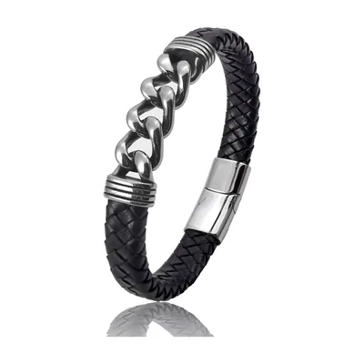Bracelet en cuir tressé avec chaîne gourmette, acier inoxydable