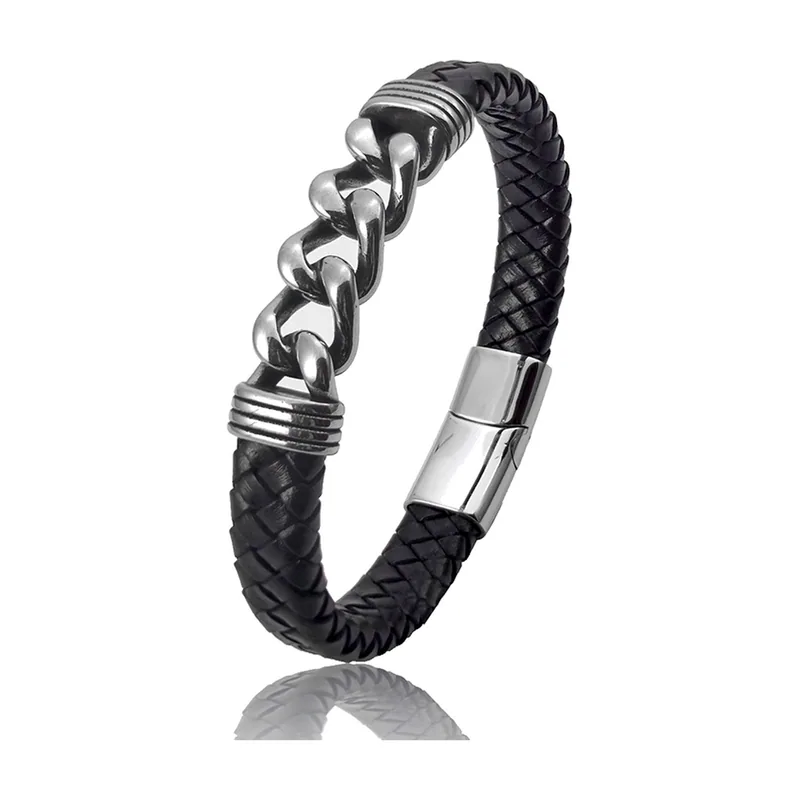 Geflochtenes Lederarmband mit Panzerkette, Edelstahl