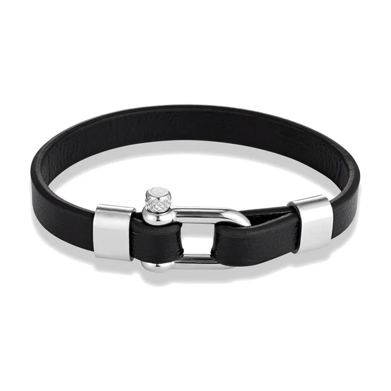 Pulsera de cuero estilo Biker con cierre de grillete, acero inoxidable
