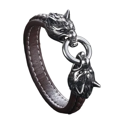 Braided Leather Bracelet with Double Wolf Head, Stainless Steel