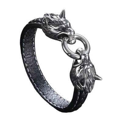 Viking Double Wolf Head Leather Bracelet, 316L Stainless Steel