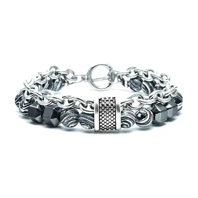 Malachite and Black Beaded Chain Bracelet, Stainless Steel