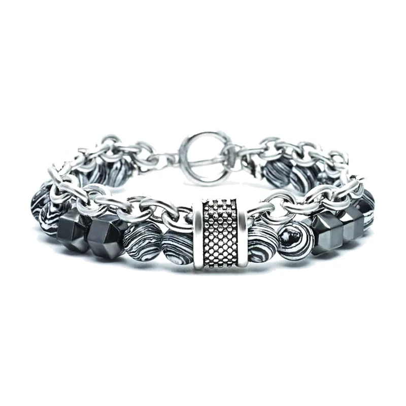 Malachit und schwarzes Perlenarmband mit Kette, Edelstahl