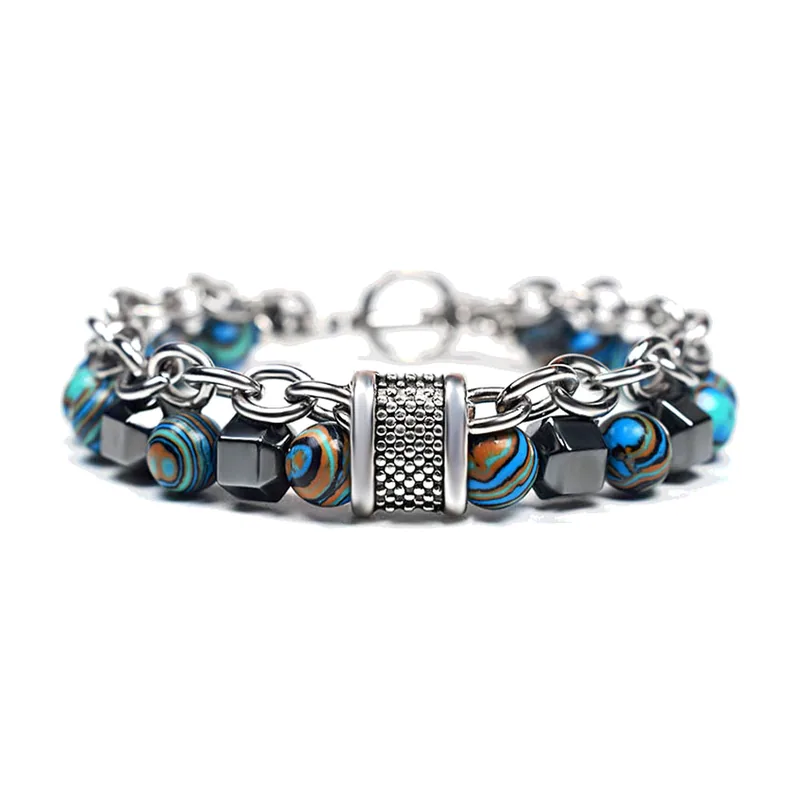 Malachite Beaded Chain Bracelet, 316L Stainless Steel