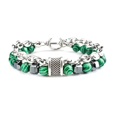 Malachite and Grey Stone Beaded Bracelet with Chain, Stainless Steel