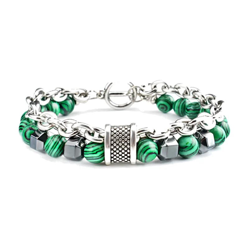 Malachit- und Graustein Perlenarmband mit Kette, Edelstahl