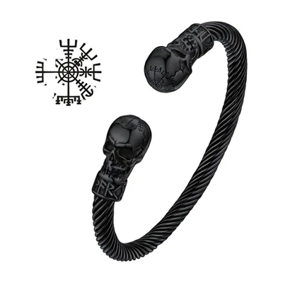 Gedrehtes Kabelarmband mit Totenkopf-Motiven, Edelstahl