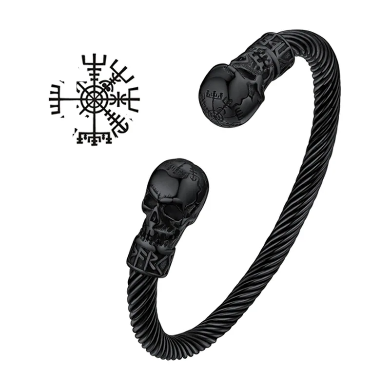 Bracelet Jonc à Câble Torsadé avec Motifs Crânes, Acier Inoxydable