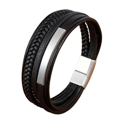 Braided Leather Wrap Bracelet with Magnetic Clasp, Stainless Steel