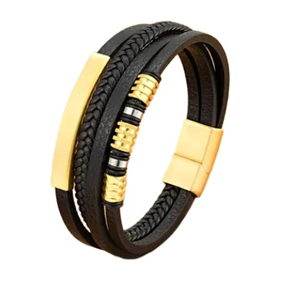 Braided Leather Bracelet with Gold-Tone Stainless Steel Clasp
