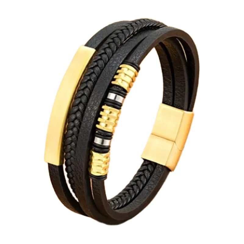 Braided Leather Bracelet with Gold-Tone Stainless Steel Clasp