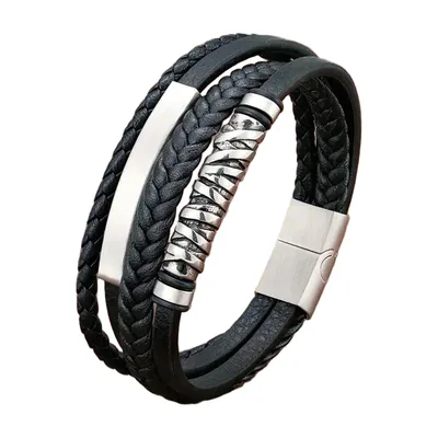 Viking Braided Leather Wrap Bracelet, 316L Stainless Steel