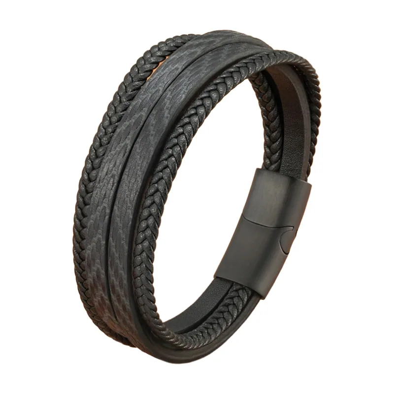 Multi-Layer Braided Leather Bracelet with Feather Motif, Stainless Steel