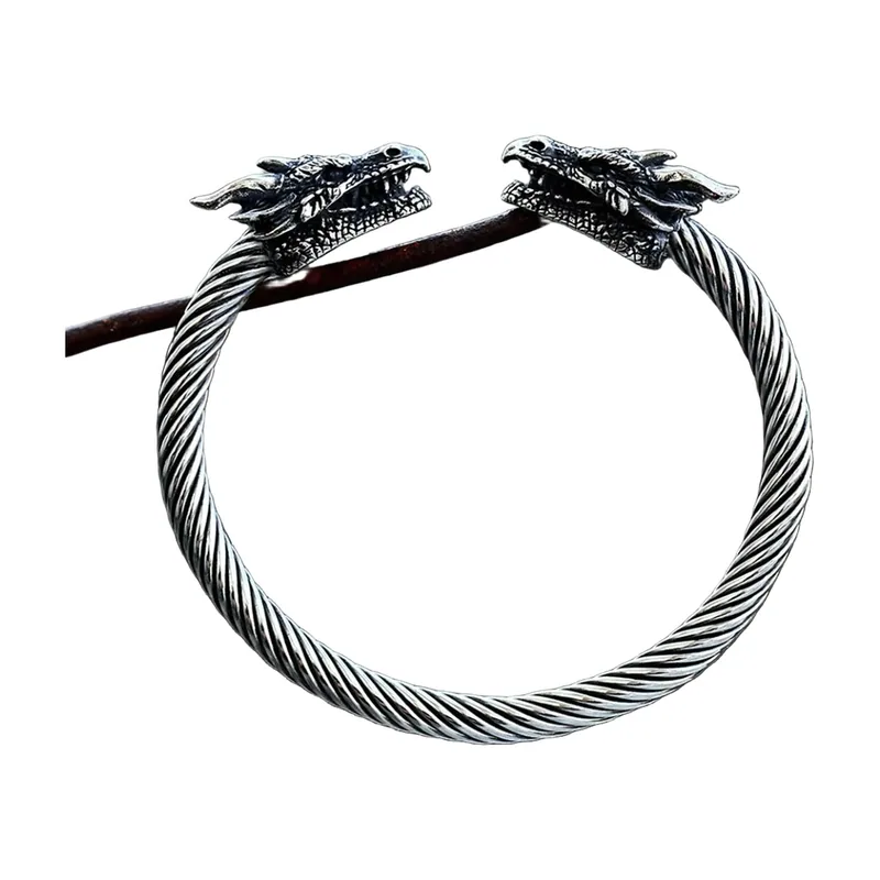 Wikinger Drachenkopf-Armreif, Twisted Rope Design, Edelstahl