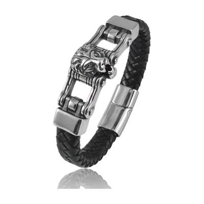 Braided Leather Bracelet with Lion Head, 316L Stainless Steel