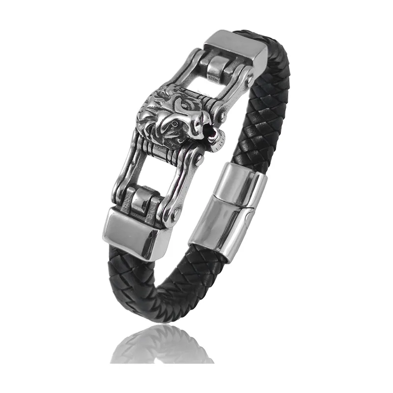 Bracciale in pelle intrecciata con testa di leone, acciaio 316L