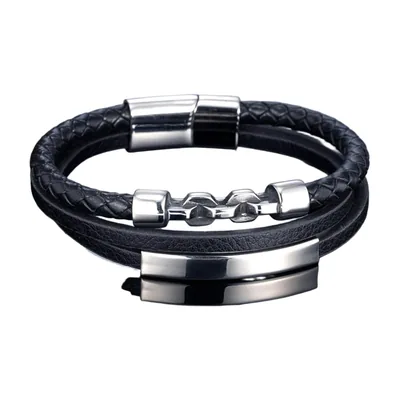 Bracciale in pelle intrecciata multistrato con elementi in acciaio inossidabile