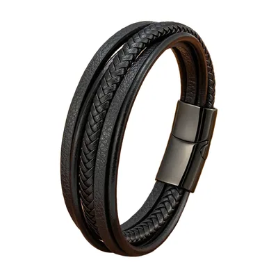 Multi-Layer Braided Leather Bracelet, Stainless Steel Magnetic Clasp