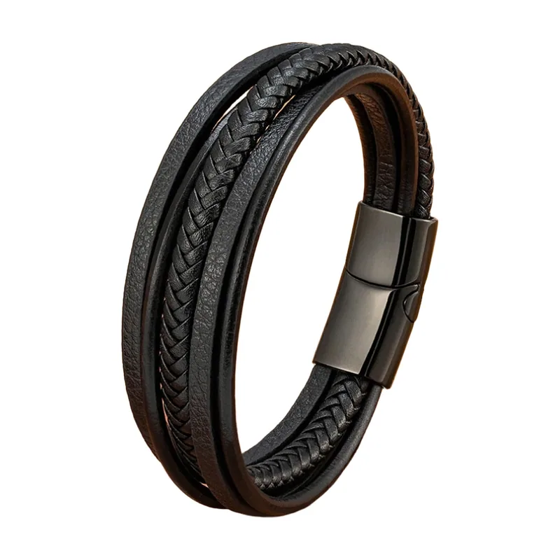 Multi-Layer Braided Leather Bracelet, Stainless Steel Magnetic Clasp