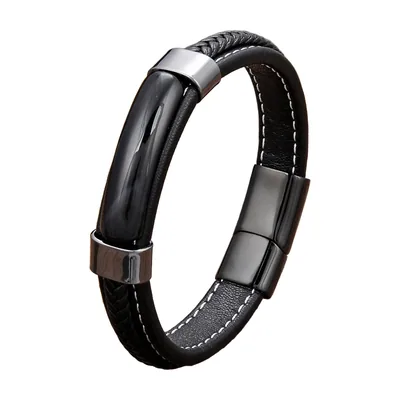 Tiger's Eye and Braided Leather Bracelet, Stainless Steel