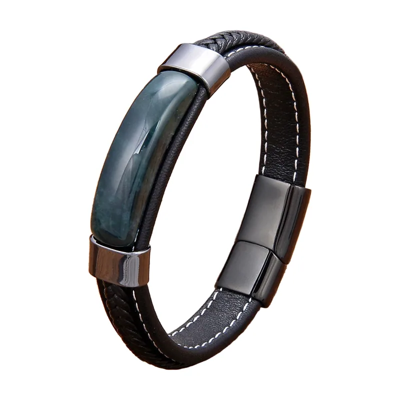Bracelet en cuir tressé avec œil de tigre, acier inoxydable