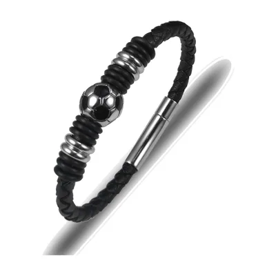 Bracciale in pelle intrecciata con perla a forma di pallone da calcio, acciaio 316L
