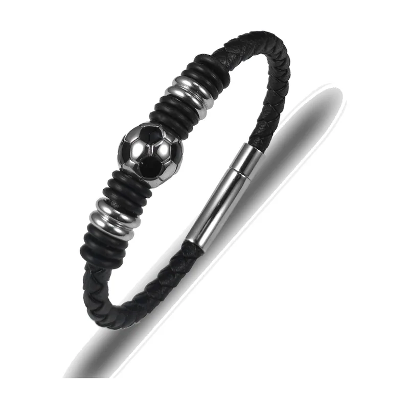 Bracciale in pelle intrecciata con perla a forma di pallone da calcio, acciaio 316L
