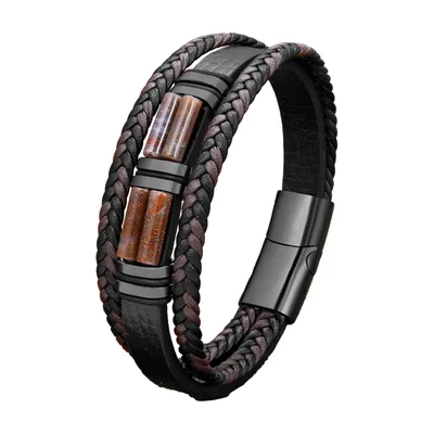Braided Leather Bracelet with Brown Stones, Stainless Steel