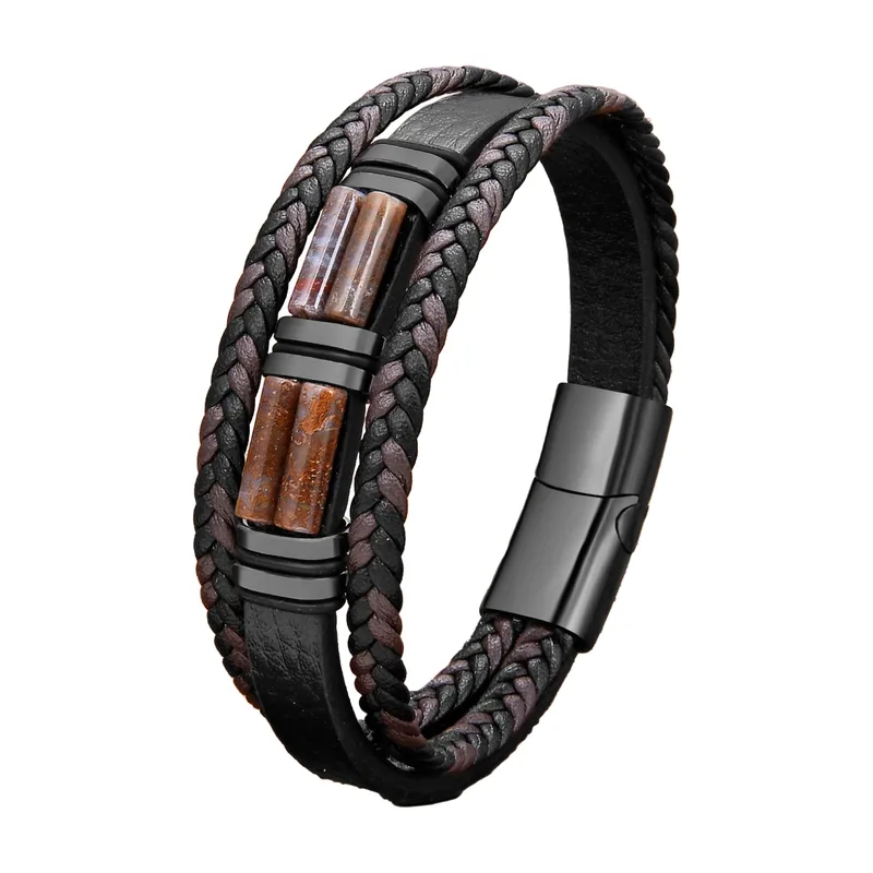 Pulsera de cuero trenzado con piedras marrones, acero inoxidable