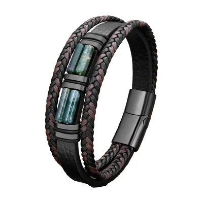 Braided Leather Bracelet with Green Stones, Stainless Steel