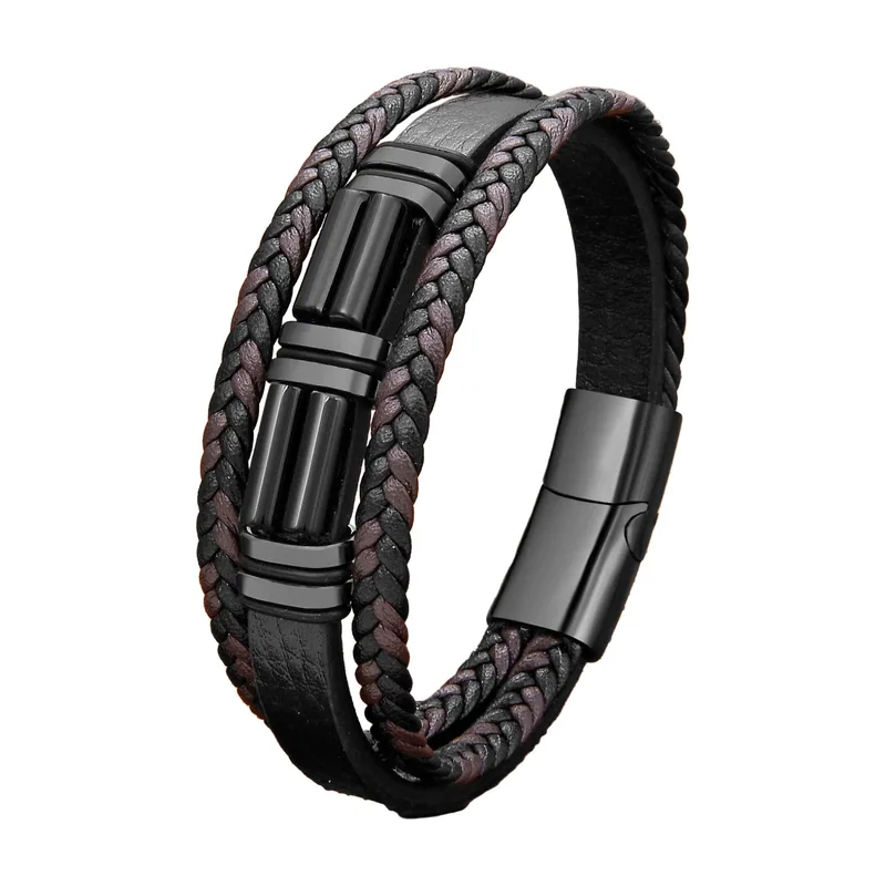 Braided Leather Wrap Bracelet with Magnetic Clasp, Stainless Steel
