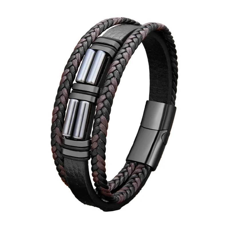 Bracciale Wrap in Pelle Intrecciata e Acciaio Inossidabile 316L