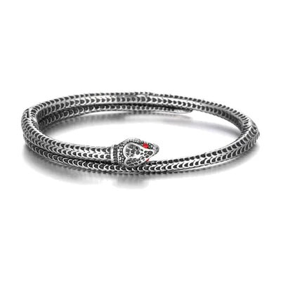 Snake Motif Cuff Bracelet with Red Stones, Stainless Steel