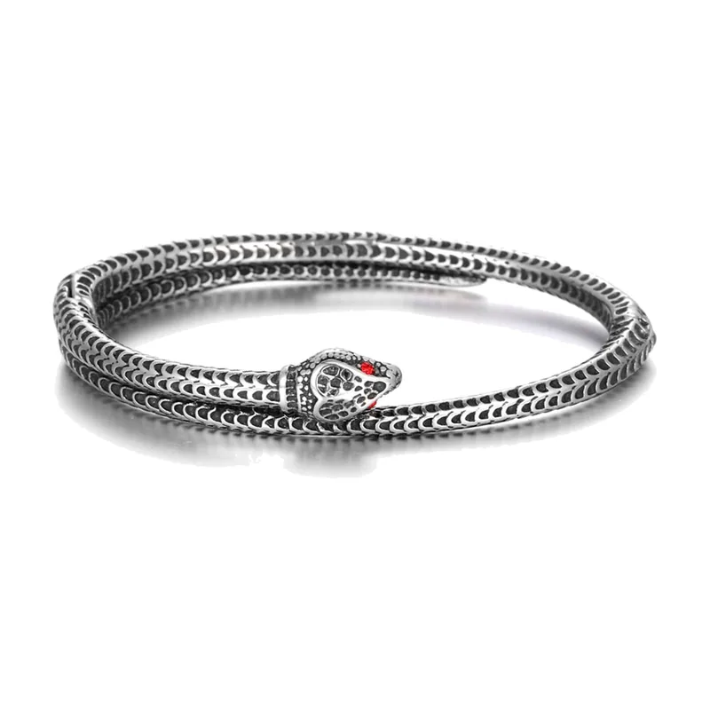 Brazalete Rígido de Serpiente con Piedras Rojas, Acero Inoxidable