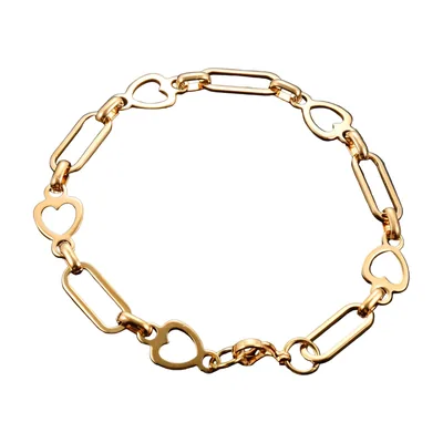 Rectangular Link Bracelet with Heart Motifs, Stainless Steel