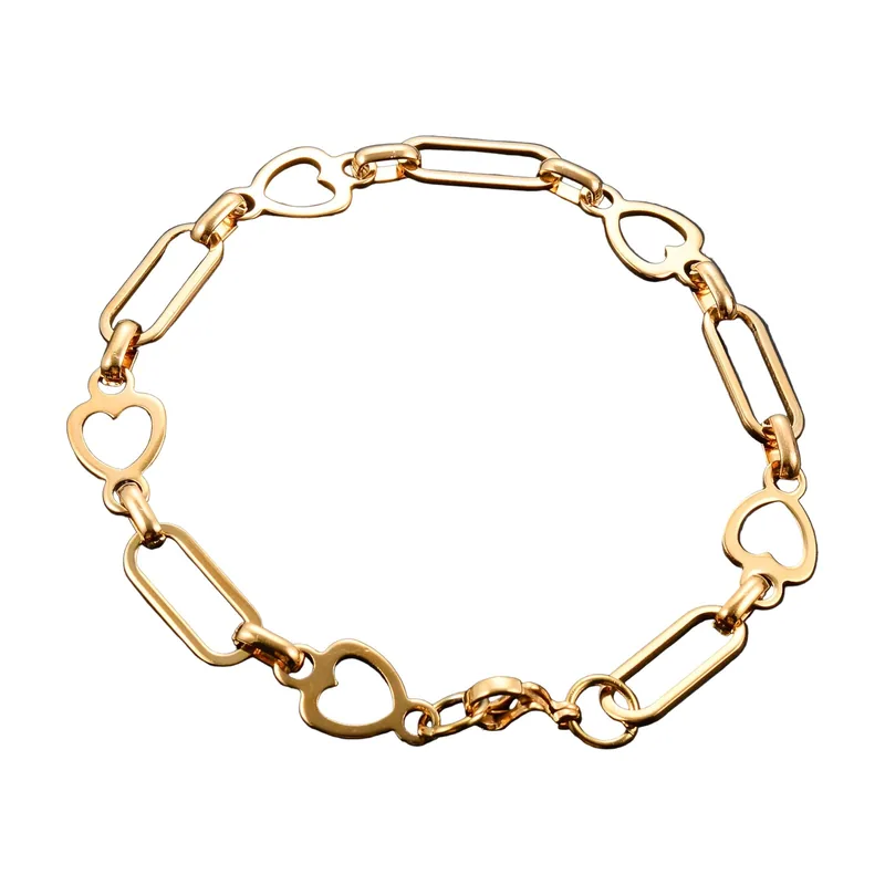 Rectangular Link Bracelet with Heart Motifs, Stainless Steel