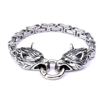 Wolf Head Byzantine Link Chain Bracelet, Stainless Steel